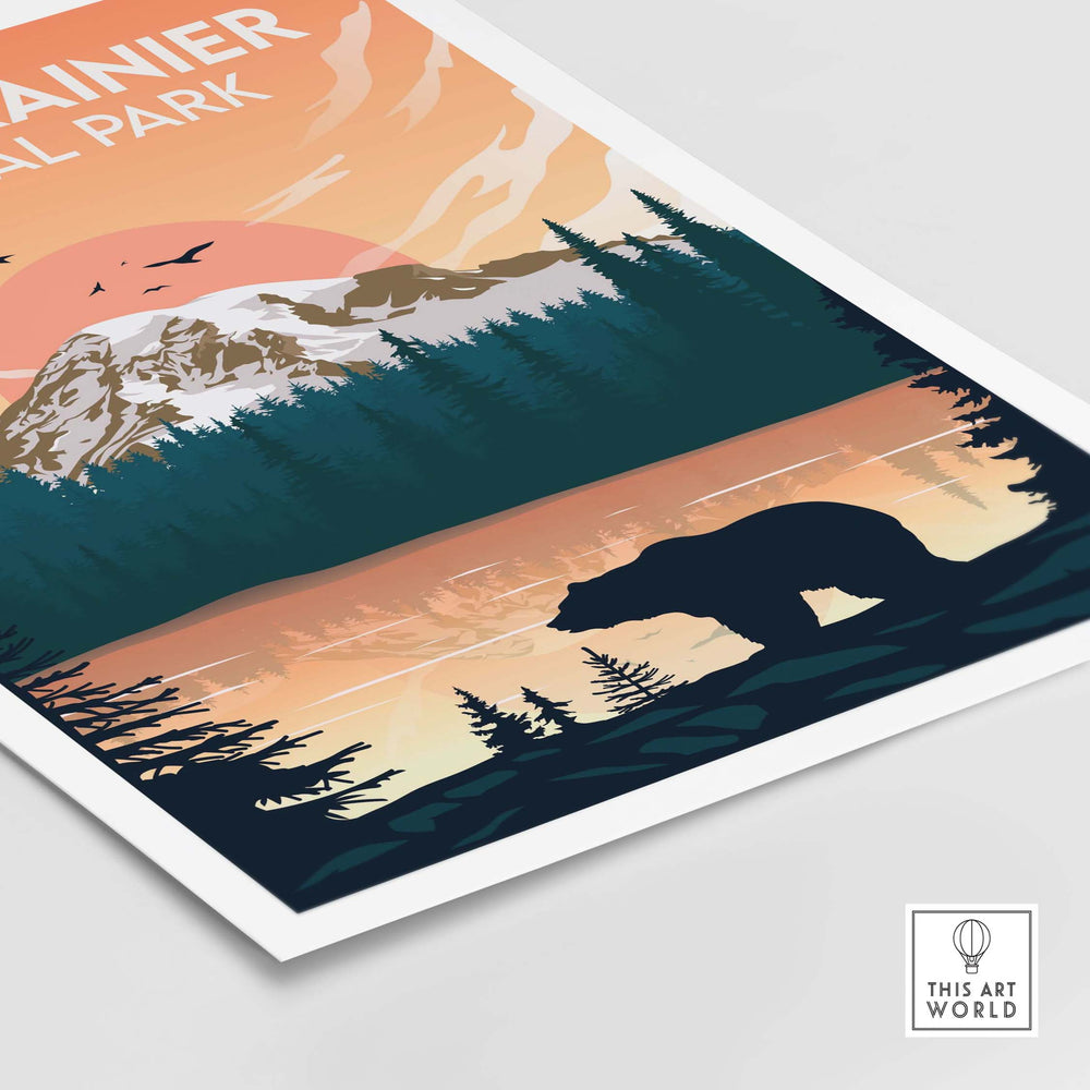 Mount Rainier National Park poster featuring a bear silhouette and colorful mountain scene, perfect for home decor.