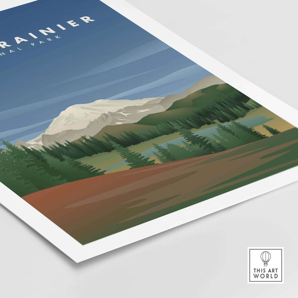 Mount Rainier National Park travel poster art print featuring vibrant landscapes and vintage design.