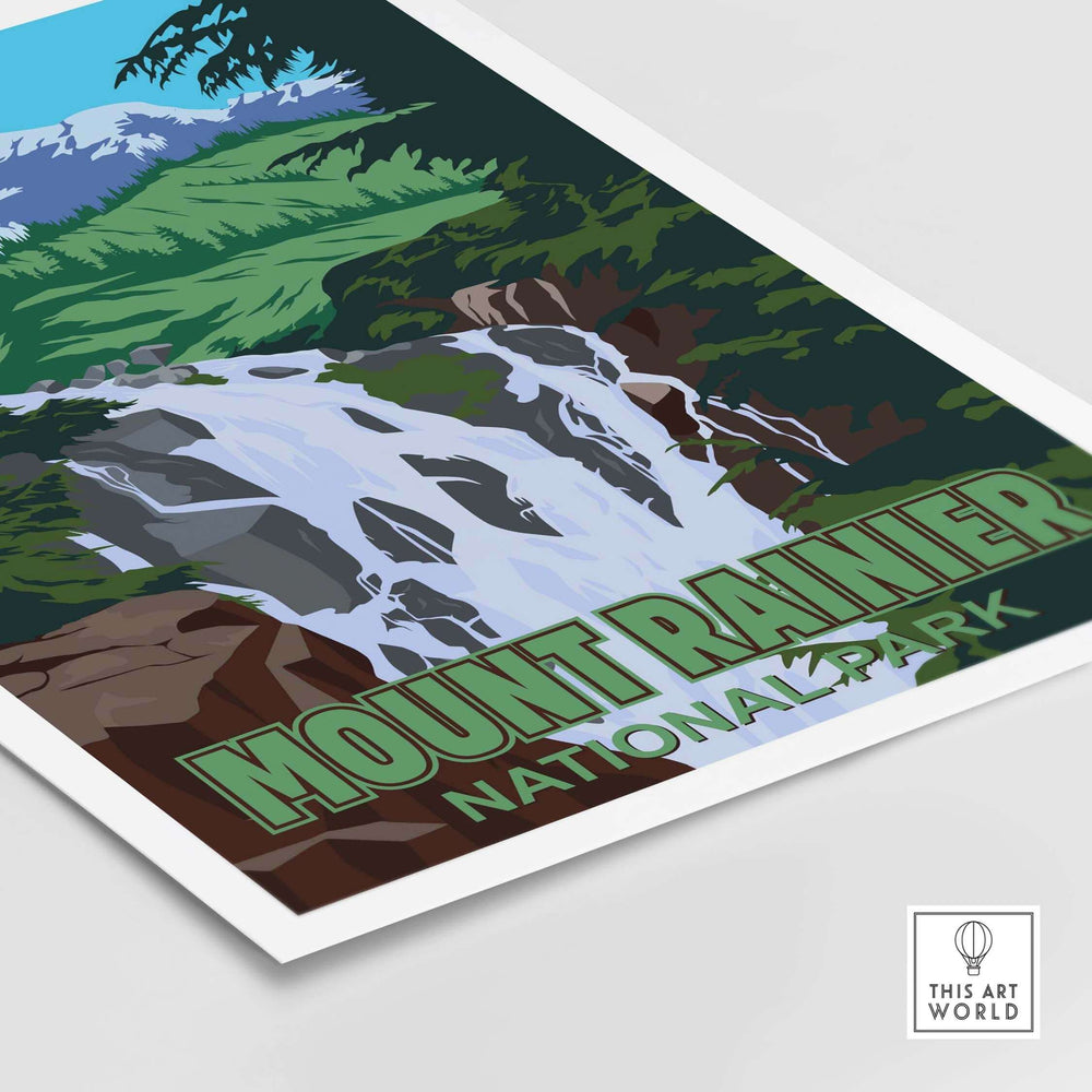 Mount Rainier National Park vintage-style print featuring a waterfall and scenic mountain backdrop.