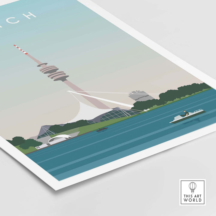 Munich Print Travel Poster featuring the iconic TV tower and serene waterways, perfect for home or office decor.