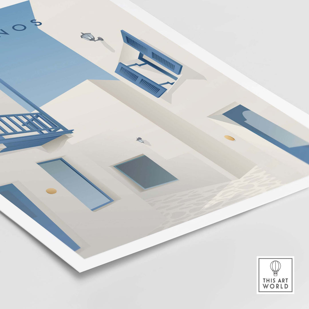 Mykonos Wall Art Poster featuring a stylish and colorful depiction of Greek architecture.