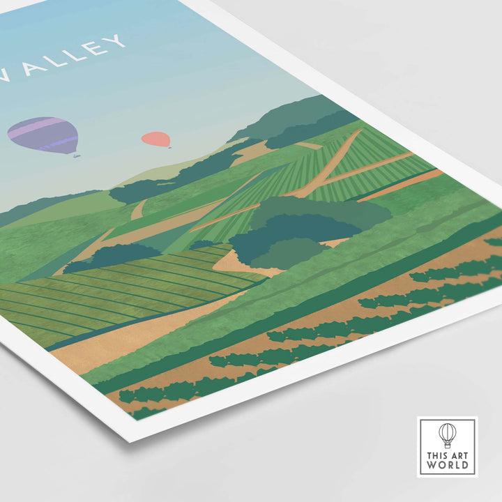 Napa Valley print wall art poster featuring vineyards and hot air balloons, perfect for home or office decor.