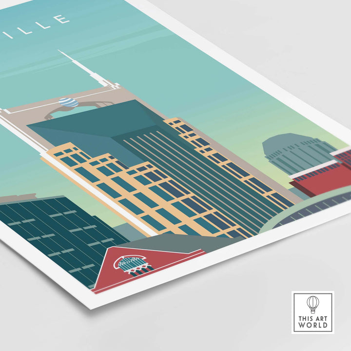 Nostalgic Nashville art print featuring iconic city skyline in vibrant colors, perfect for home or office decor.