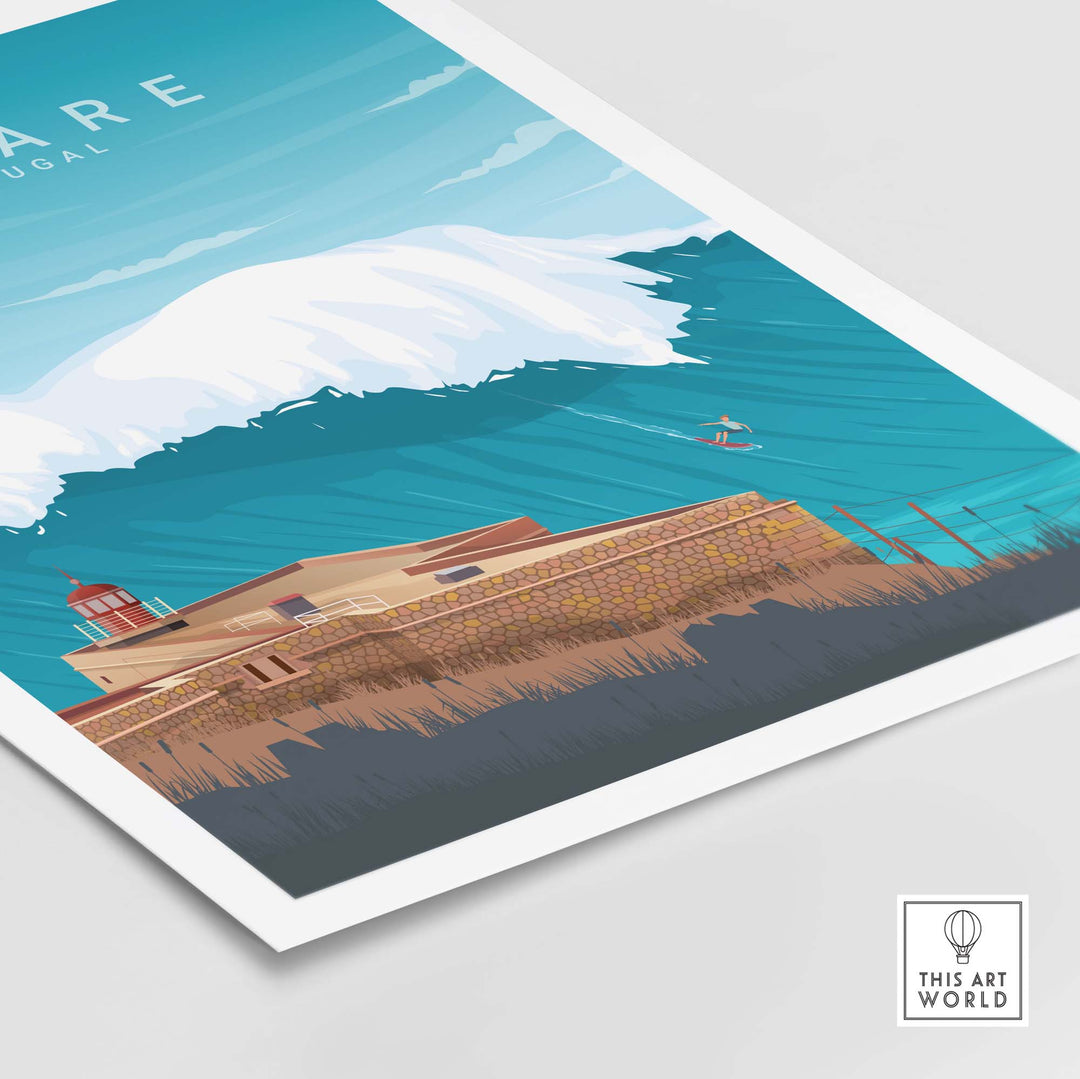 Nazare Travel Poster Print showcasing a coastal scene of Portugal with vibrant waves and a charming building.