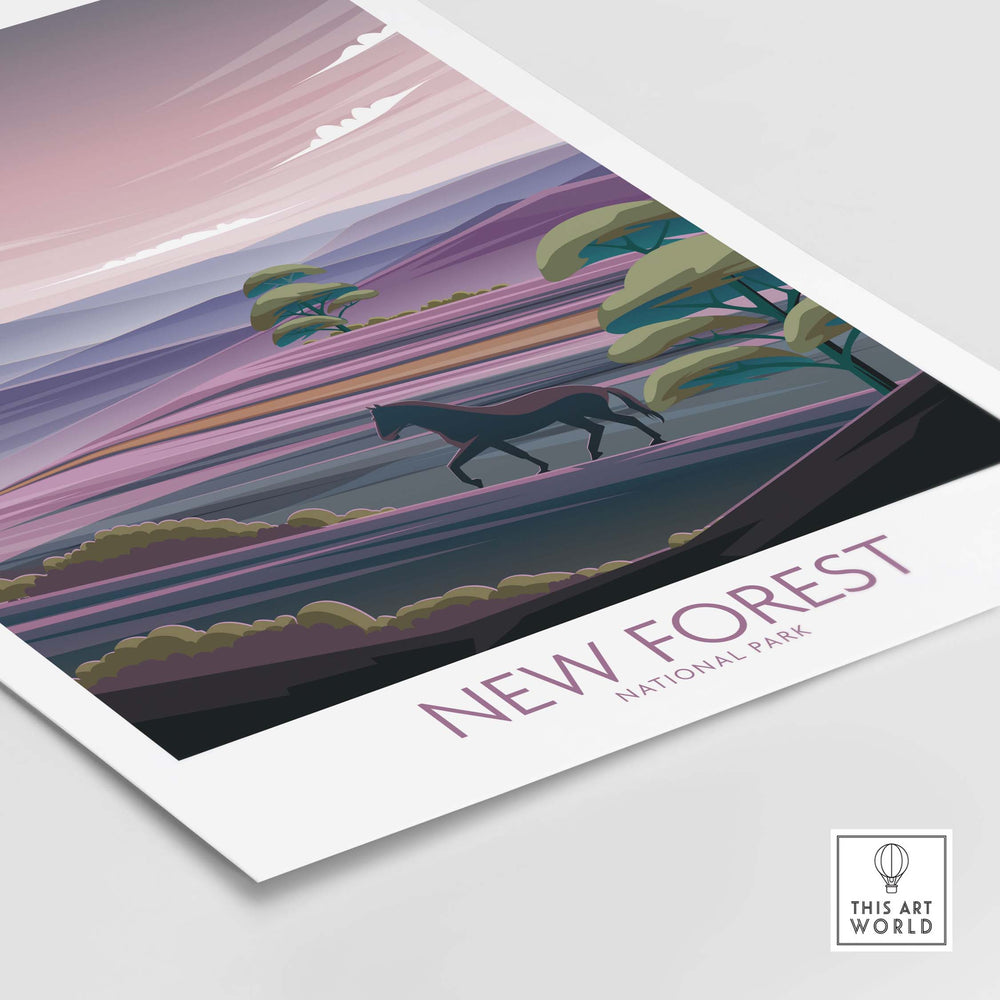 New Forest National Park poster art print featuring a minimalist landscape and horse silhouette.