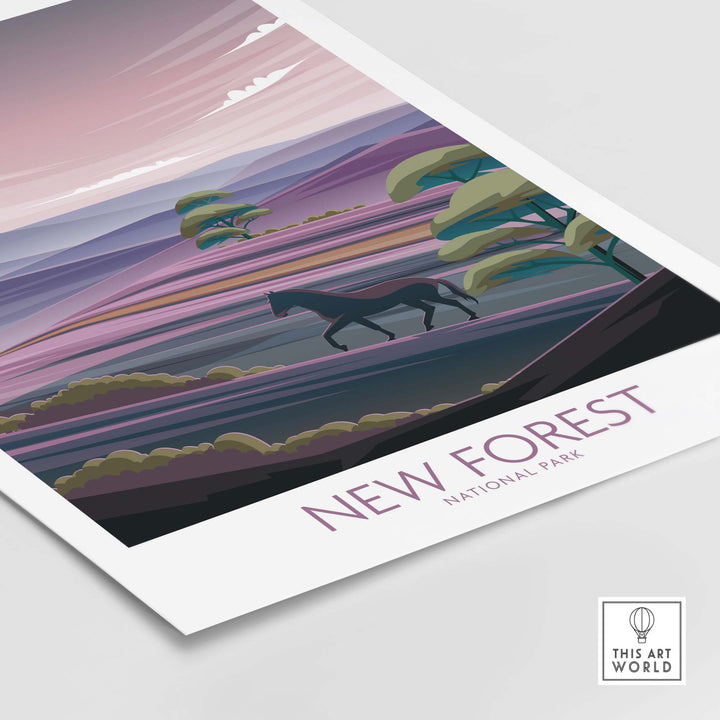 New Forest National Park poster art print featuring a minimalist landscape and horse silhouette.