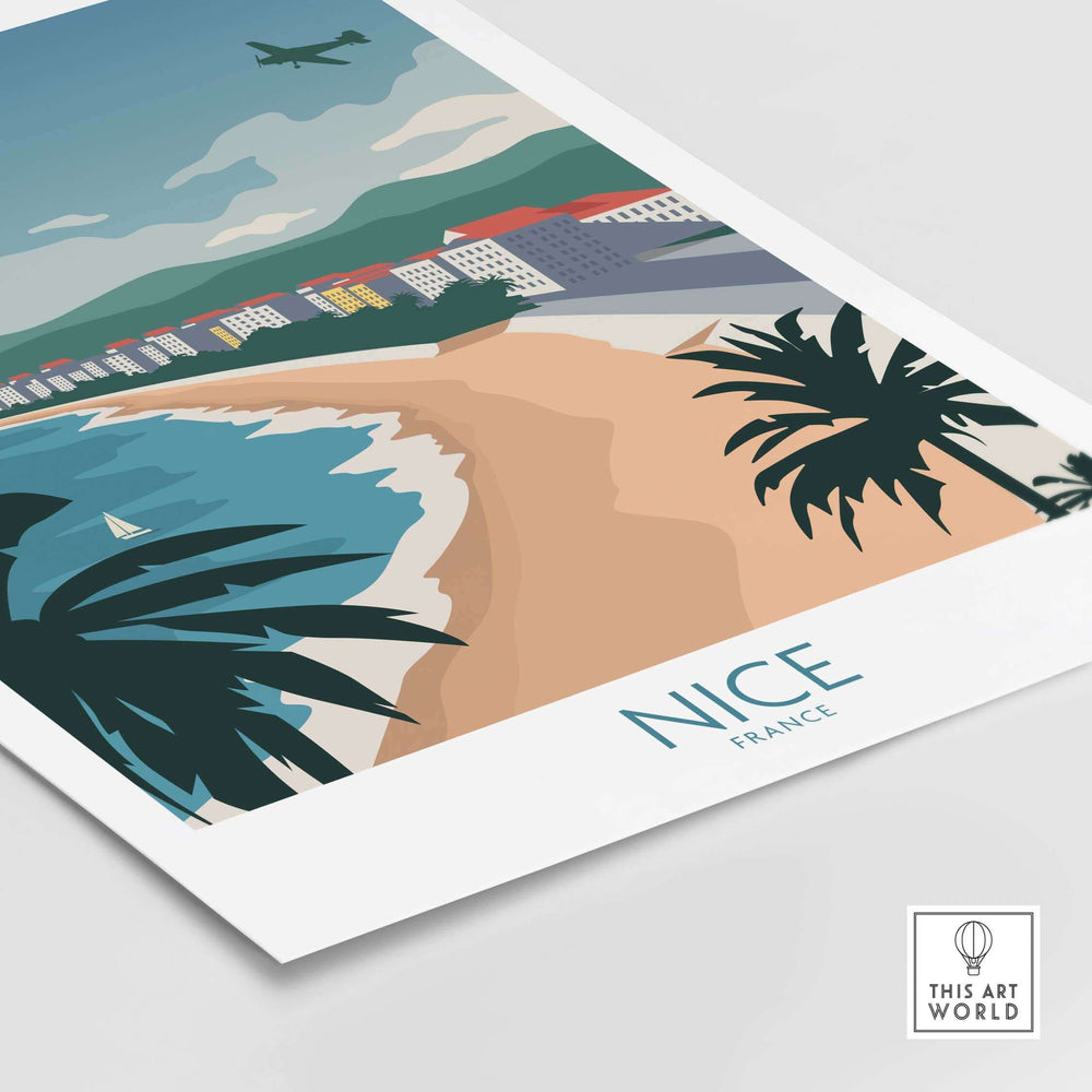 Nice France Travel Poster featuring a beach view with palm trees and mountains, ideal for home or office decor.