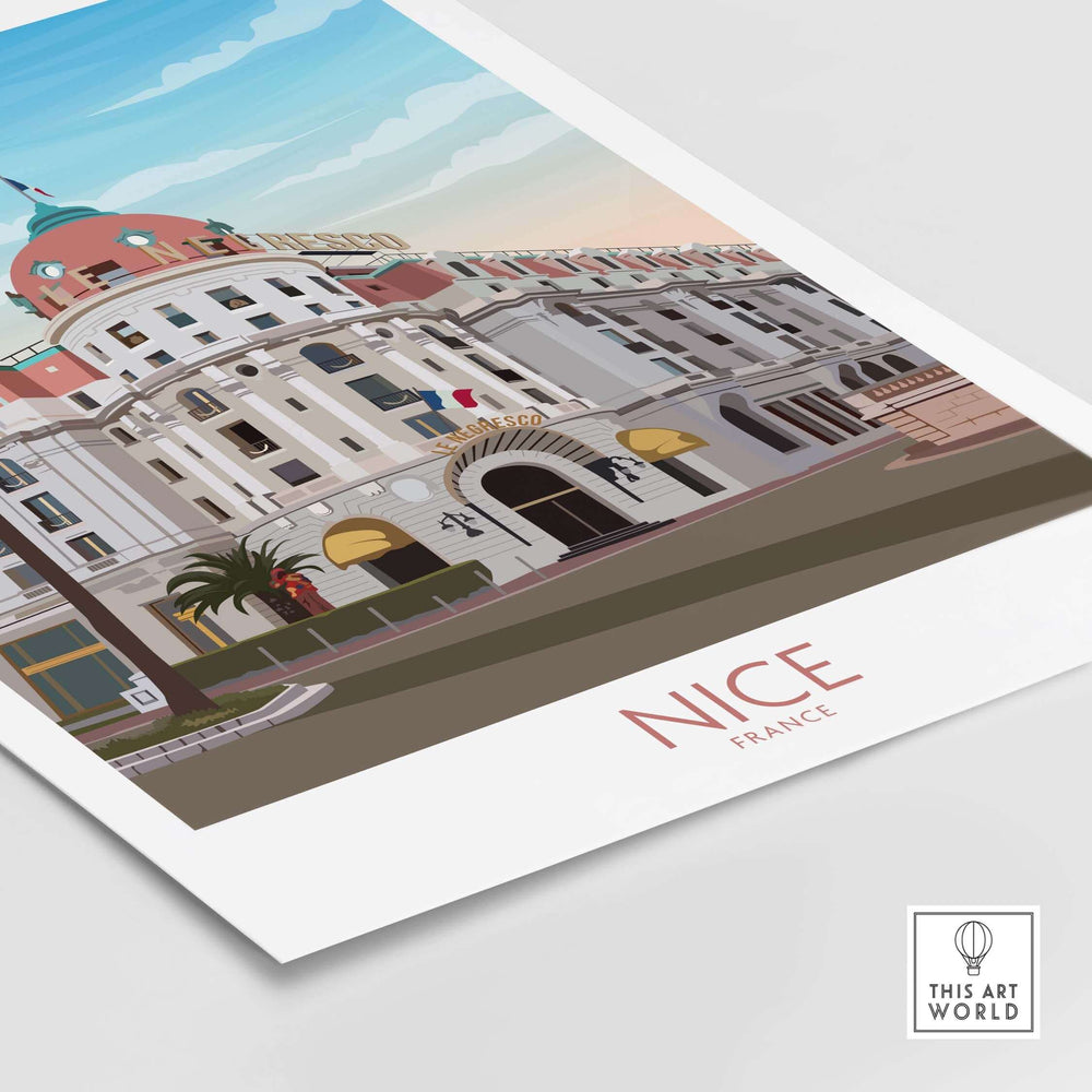Nice France travel print featuring iconic architecture and vibrant colors, perfect for home wall art.