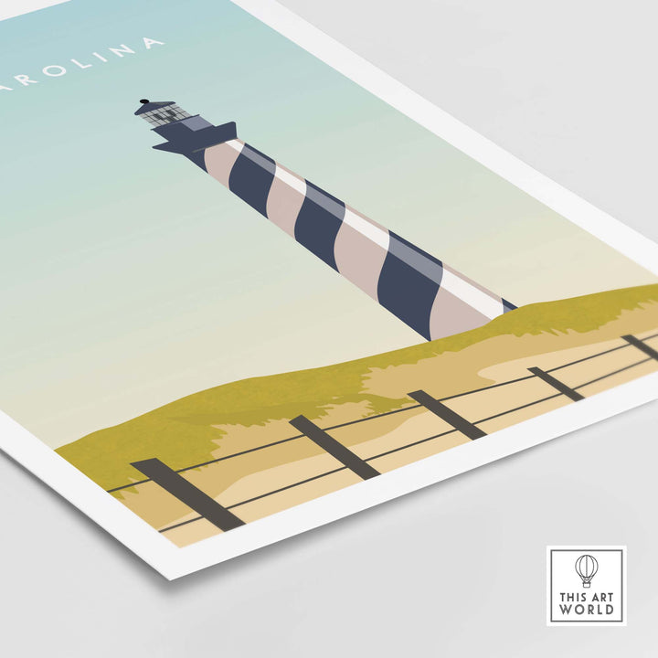 North Carolina travel poster print featuring a striped lighthouse and minimalist landscape design.
