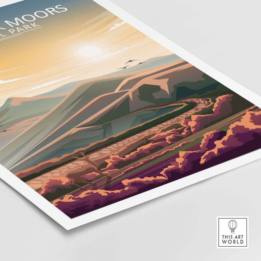 North York Moors poster print featuring minimalist landscape design and sunset colors, ideal for home or office decor.