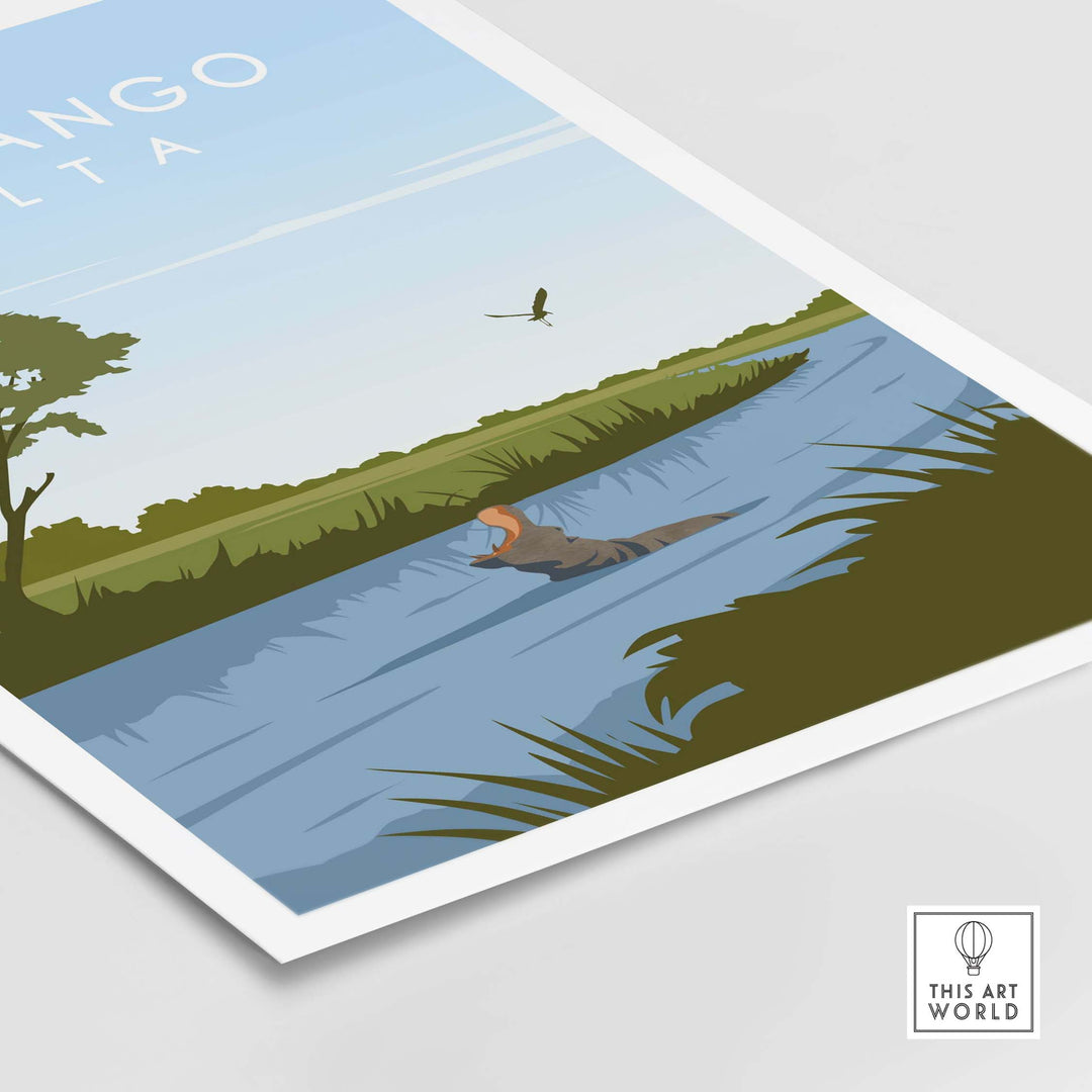 Okavango Botswana Print featuring a serene river scene with wildlife, in a minimalist vintage style.