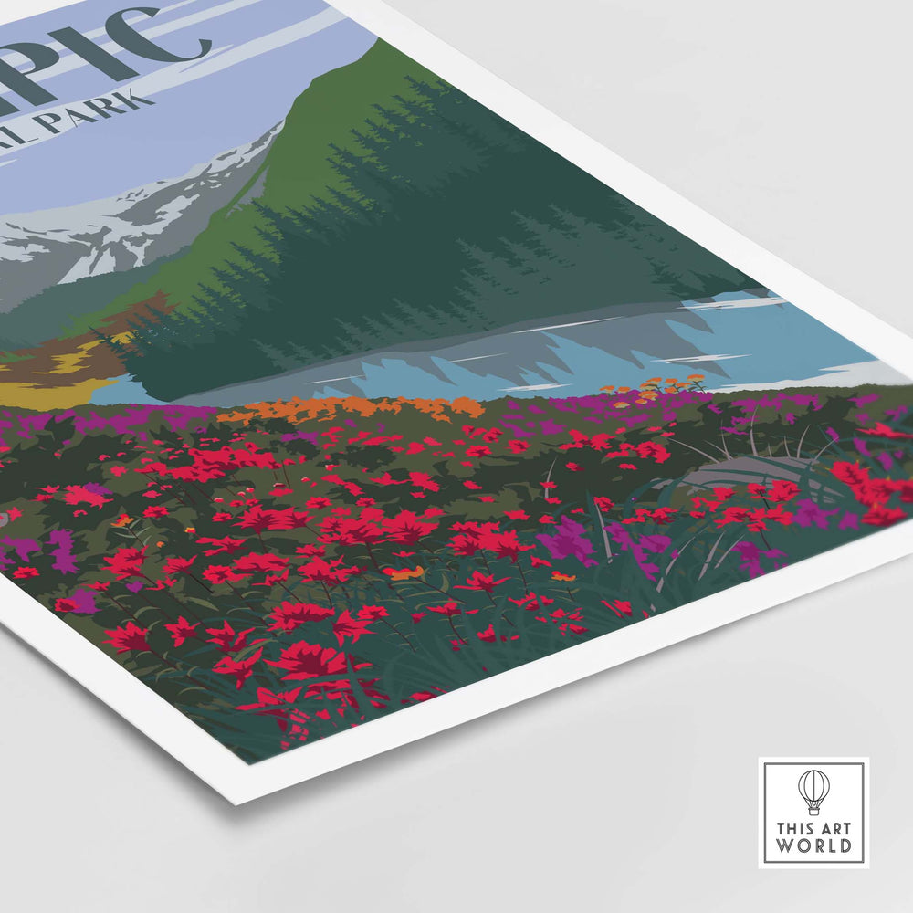 Olympic National Park poster featuring vibrant flowers, mountains, and a scenic landscape design.