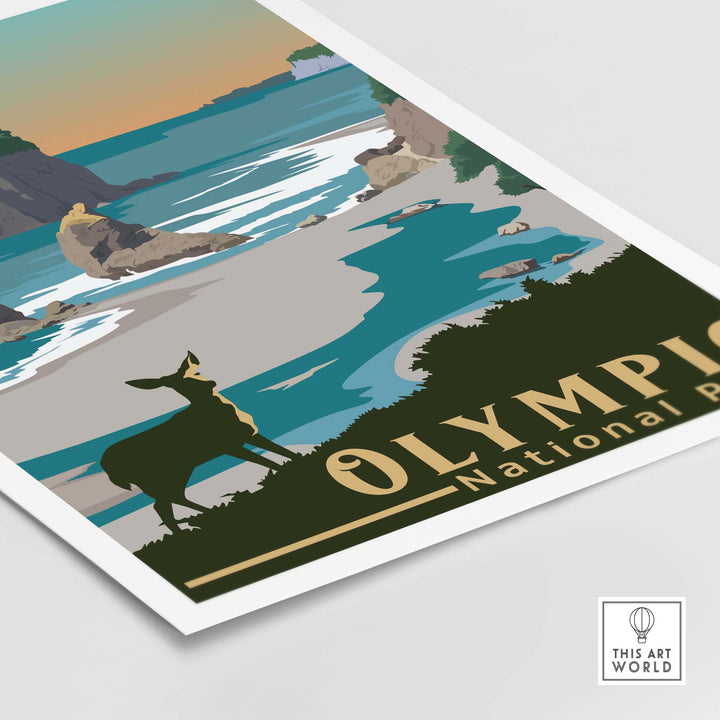 Vintage Olympic National Park print featuring a serene landscape and wildlife, perfect for home or office decor.
