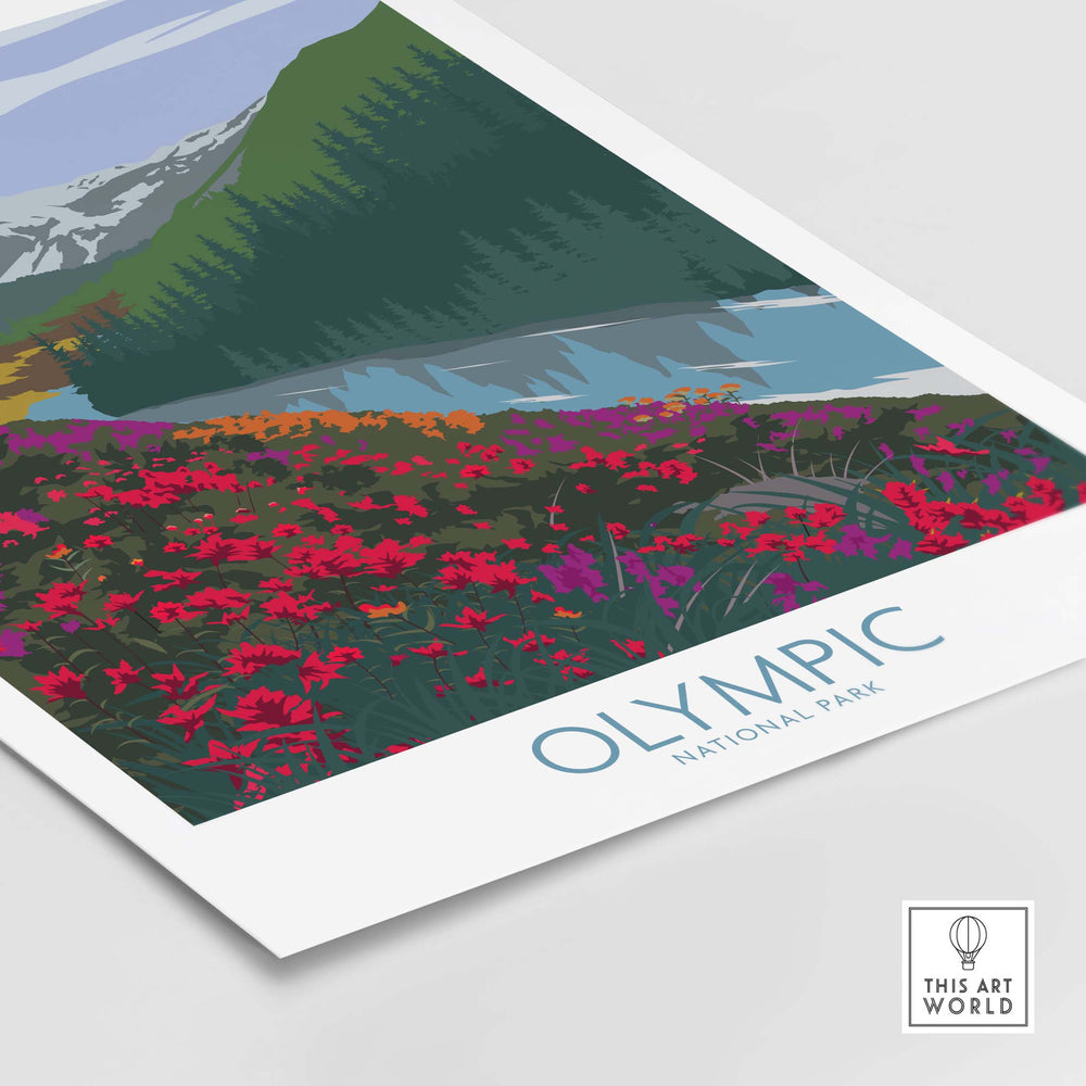 Olympic National Park poster art print featuring vibrant flowers and mountains in a minimalist style.