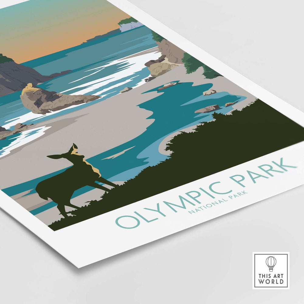Minimalist Olympic National Park wall art featuring serene landscape and wildlife. Perfect for home decor.