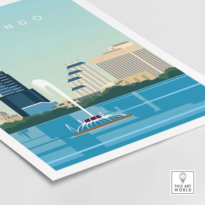 Orlando Travel Poster Print showcasing a minimalist design of city buildings and a fountain with a blue water background.