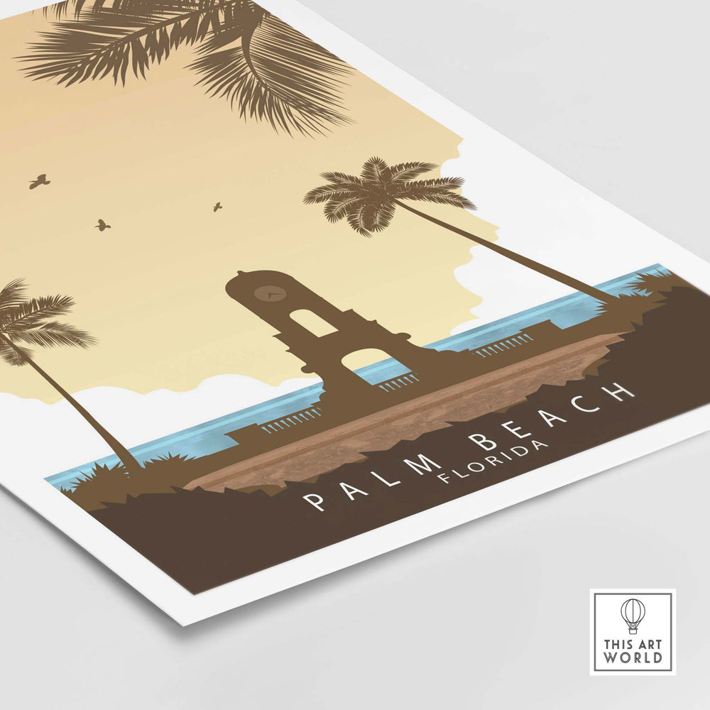 Palm Beach Florida Print featuring vintage style palm trees and a nostalgic clock tower design.