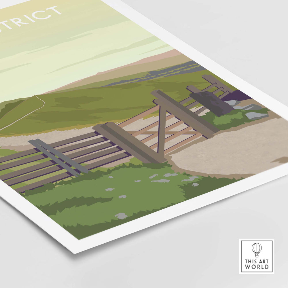 Peak District print featuring a scenic view with a rustic gate and rolling hills, perfect for home or office decor.