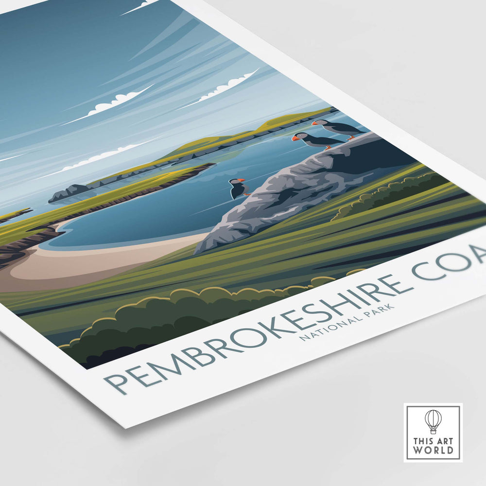 Pembrokeshire Coast Print National Park poster featuring stylized coastal landscape and vibrant colors.