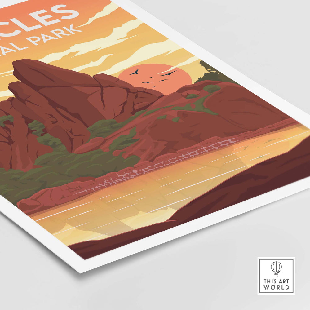 Pinnacles Print National Park Poster featuring scenic rocks and sunset reflections in a minimalist style.