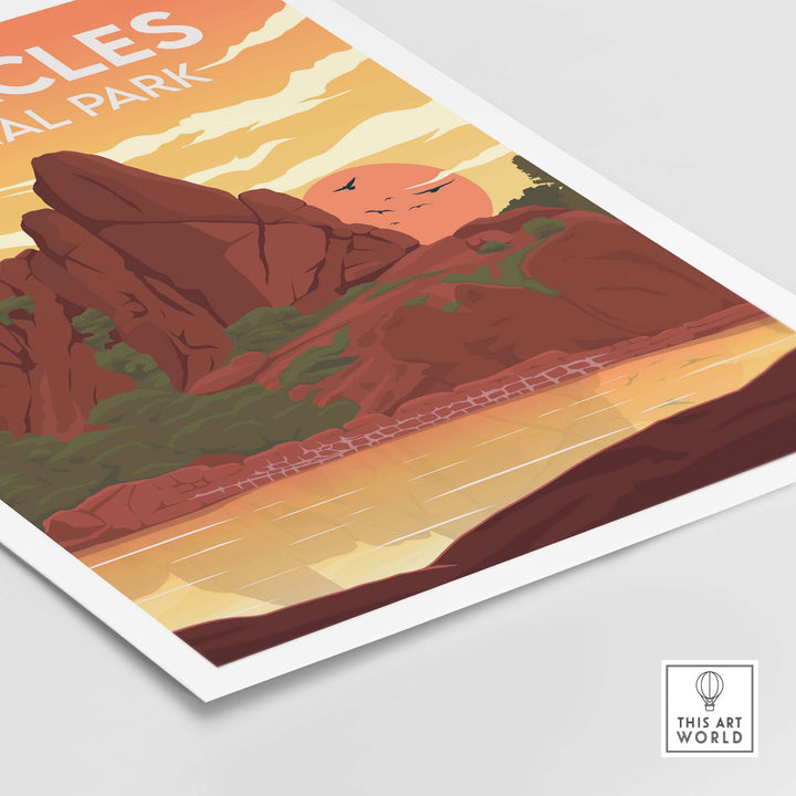 Pinnacles Print National Park Poster featuring scenic rocks and sunset reflections in a minimalist style.