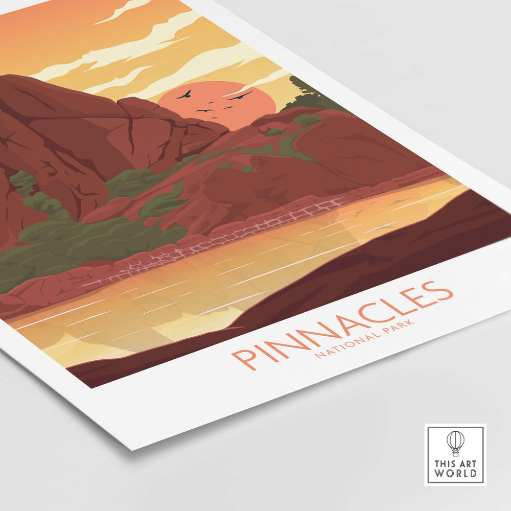 Pinnacles National Park minimalist art print showcasing vibrant landscape and sunset colors.