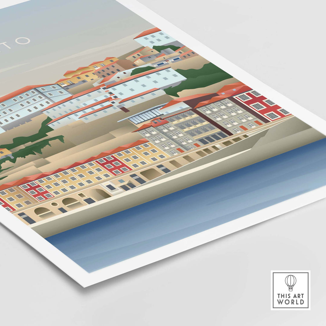 Porto Portugal wall art poster featuring colorful buildings along the river, ideal for home decoration.