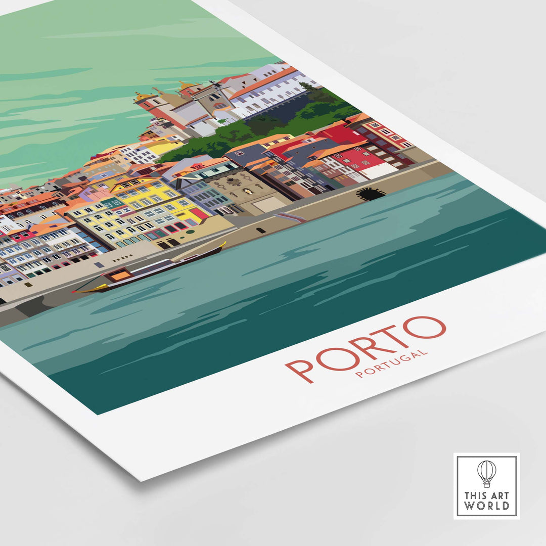 Porto Portugal travel poster showcasing vibrant cityscape and river, perfect for home or office decor.
