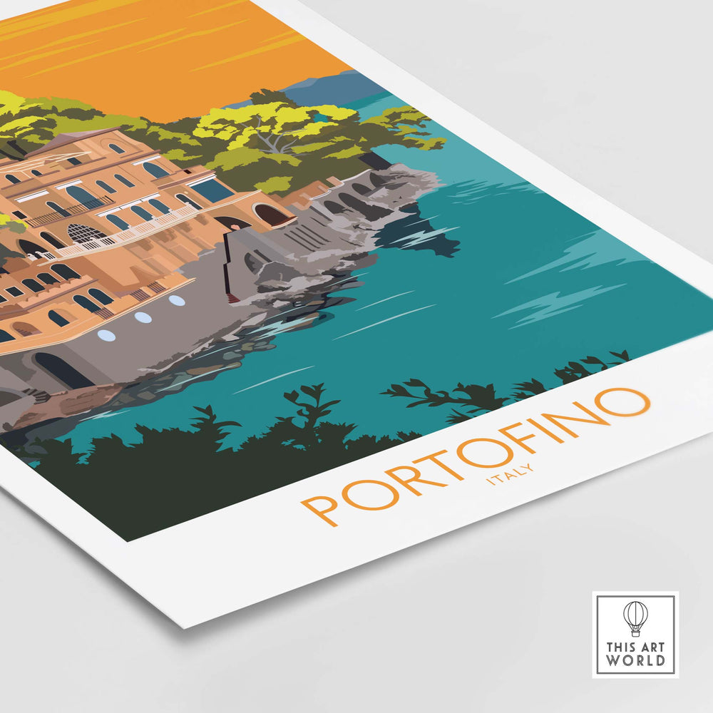 Portofino Print Travel Poster featuring vibrant coastal scenery and vintage-inspired design.