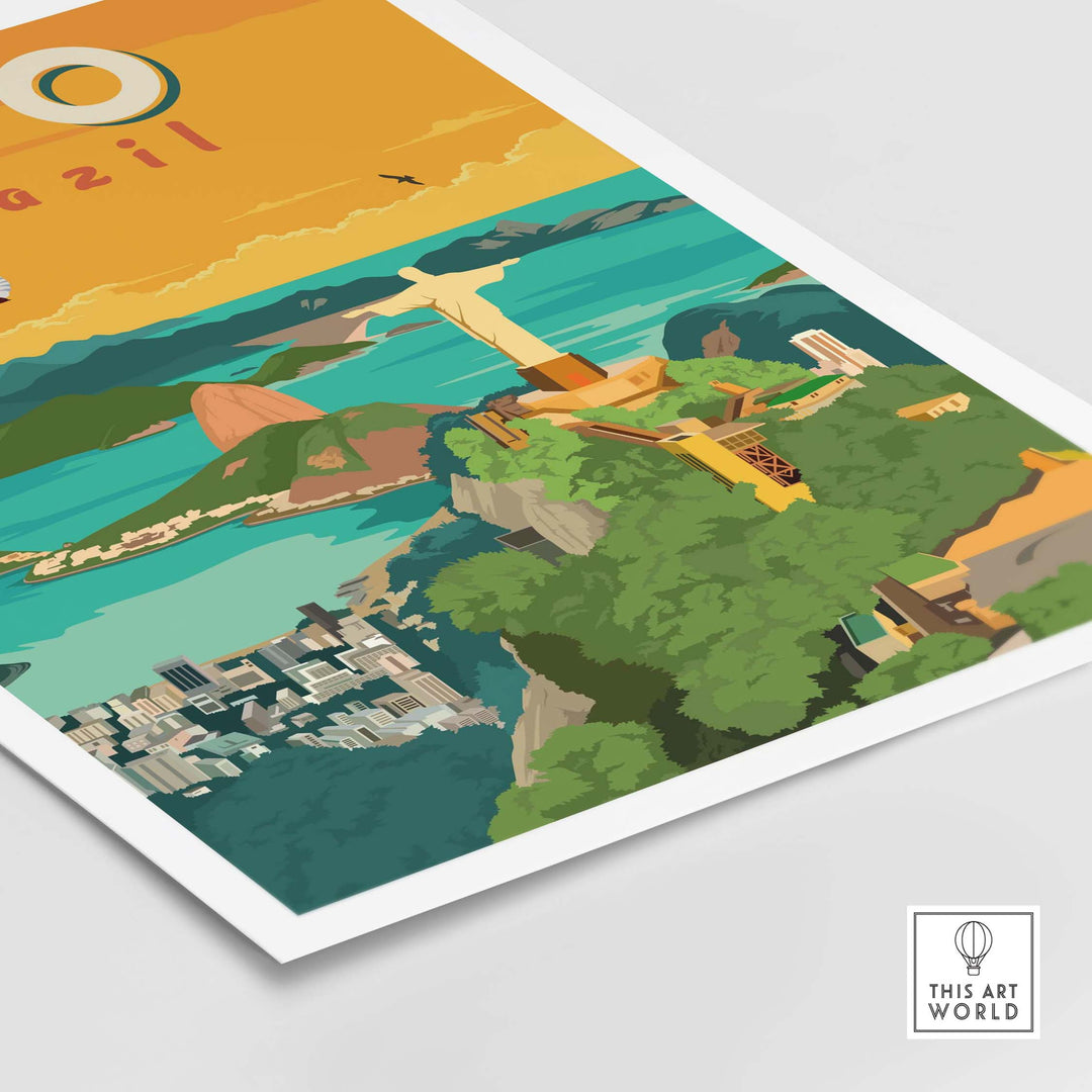 Rio Brazil Wall Art Print, featuring the iconic Christ the Redeemer and vibrant landscapes in a minimalist design.