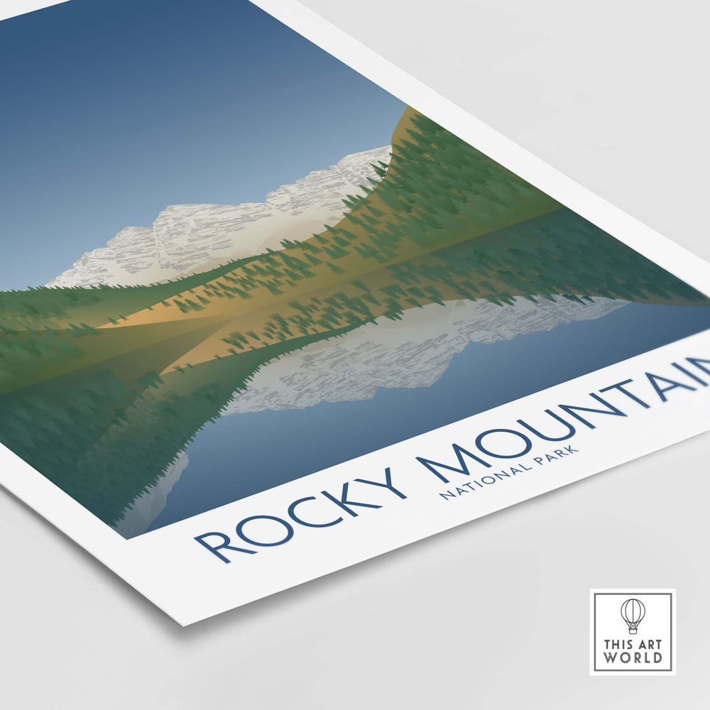 Rocky Mountain National Park art print featuring minimalist design with mountains and reflection in water.