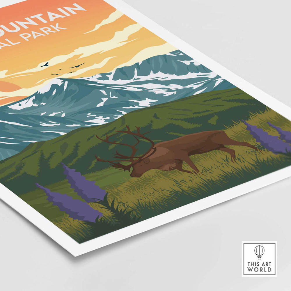 Rocky Mountain National Park vintage travel print featuring a deer and scenic mountains in vibrant colors.