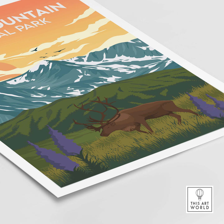 Rocky Mountain National Park vintage travel print featuring a deer and scenic mountains in vibrant colors.