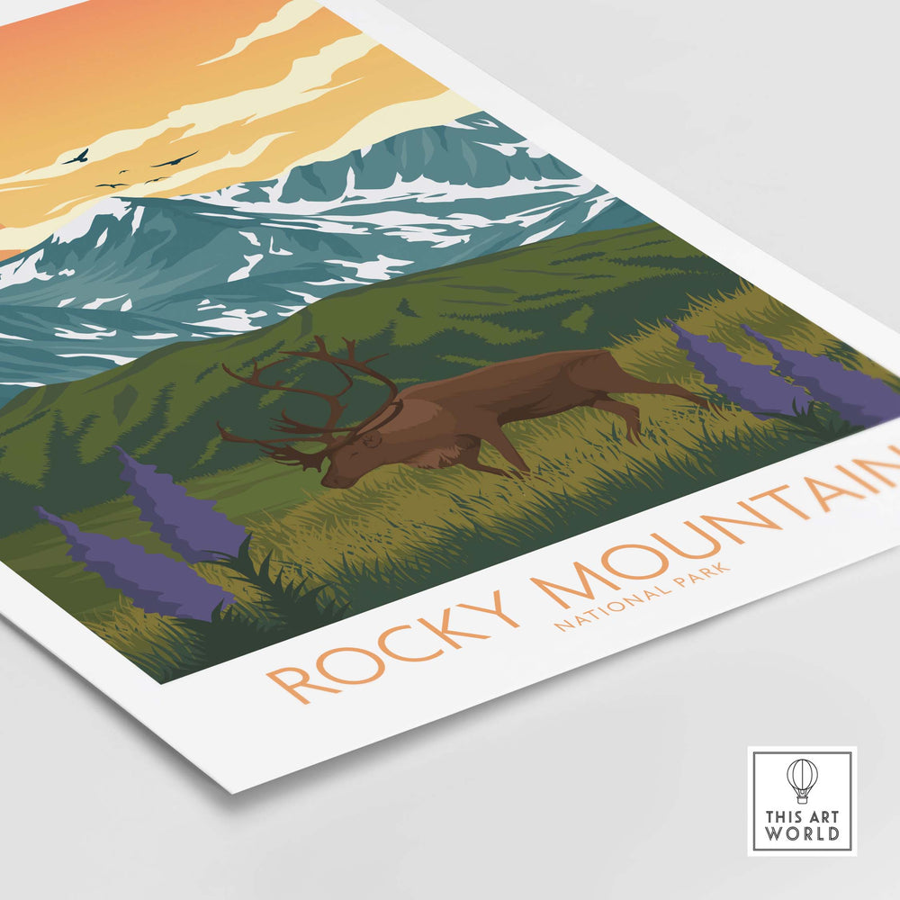 Rocky Mountain National Park poster featuring mountains, wildlife, and vibrant colors in a minimalist art style.