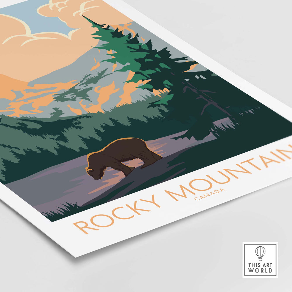Rocky Mountains Canada Poster featuring vintage-style art with bear and vibrant landscape colors.