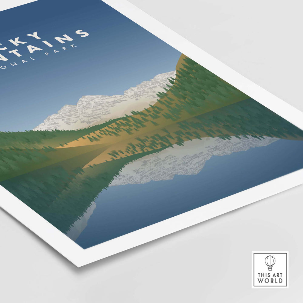 Minimalist Rocky Mountains National Park art print reflecting in water, perfect for home or office decor.