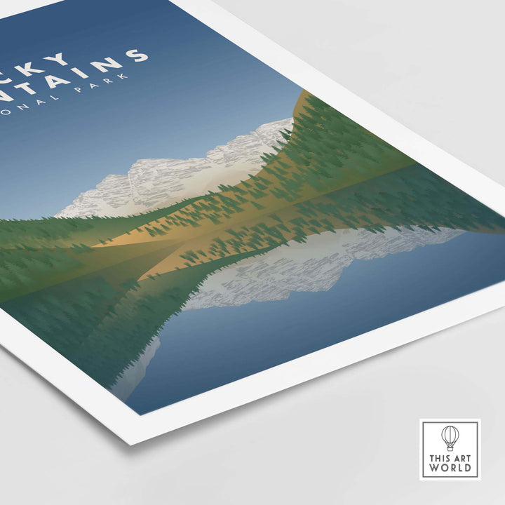 Minimalist Rocky Mountains National Park art print reflecting in water, perfect for home or office decor.