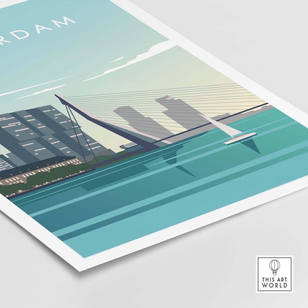 Rotterdam Print Wall Art Poster featuring a stylized view of the city's skyline and bridge over the water.