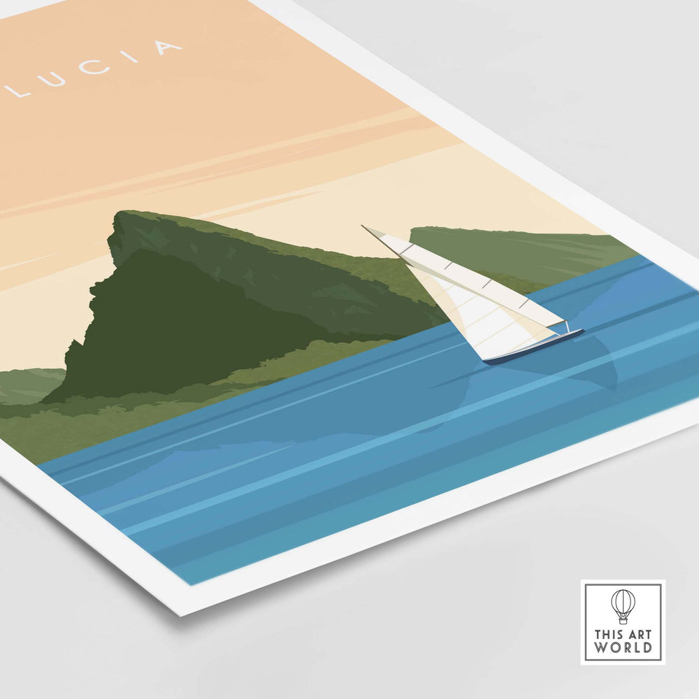 Saint Lucia wall art print featuring a sailboat and lush green mountains in a minimalist style.