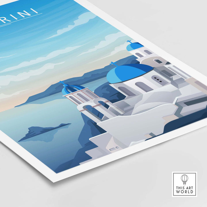 Santorini print wall art featuring blue domes and a coastal landscape in a minimalist style.