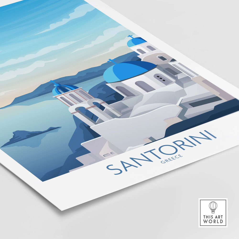 Santorini wall art print featuring iconic blue-domed buildings and serene sea, inspired by vintage travel posters.