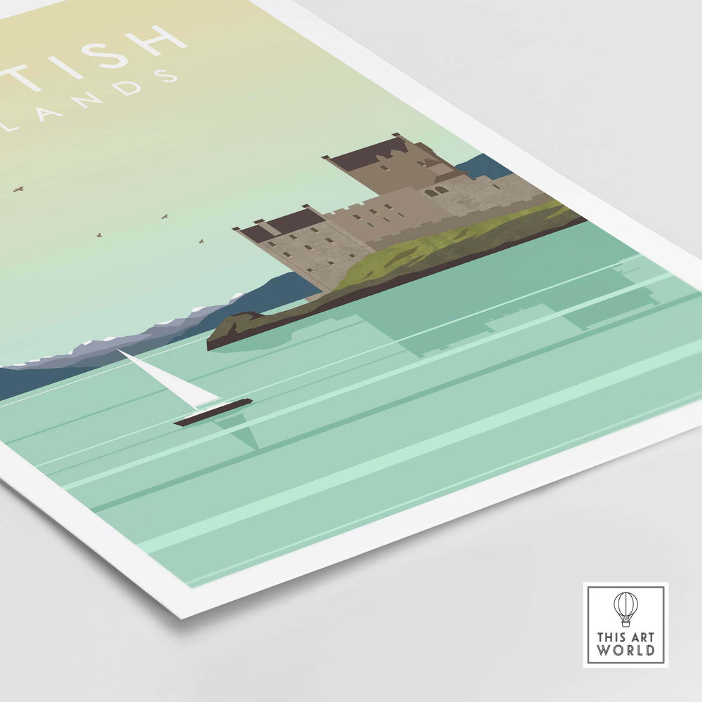 Scottish Highlands print wall art poster featuring a castle and a sailboat on tranquil waters. Vintage travel-inspired design.