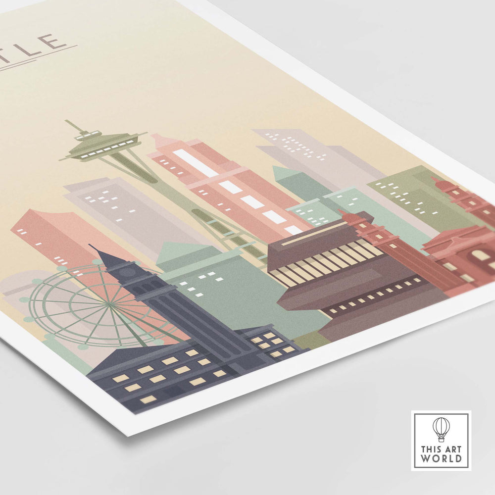 Seattle city skyline print featuring iconic buildings in warm pastel tones, perfect for wall art.