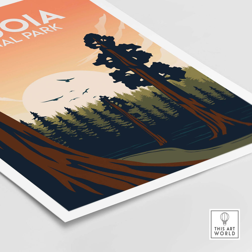 Sequoia Print National Park Poster showcasing minimalist design of sequoia trees and sunset, perfect for home decor.