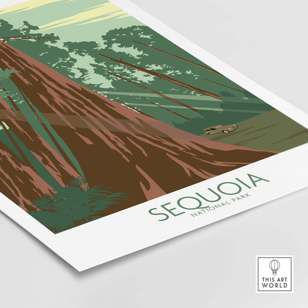 Sequoia National Park Poster Print featuring a vintage-inspired illustration of redwood trees and a classic car.