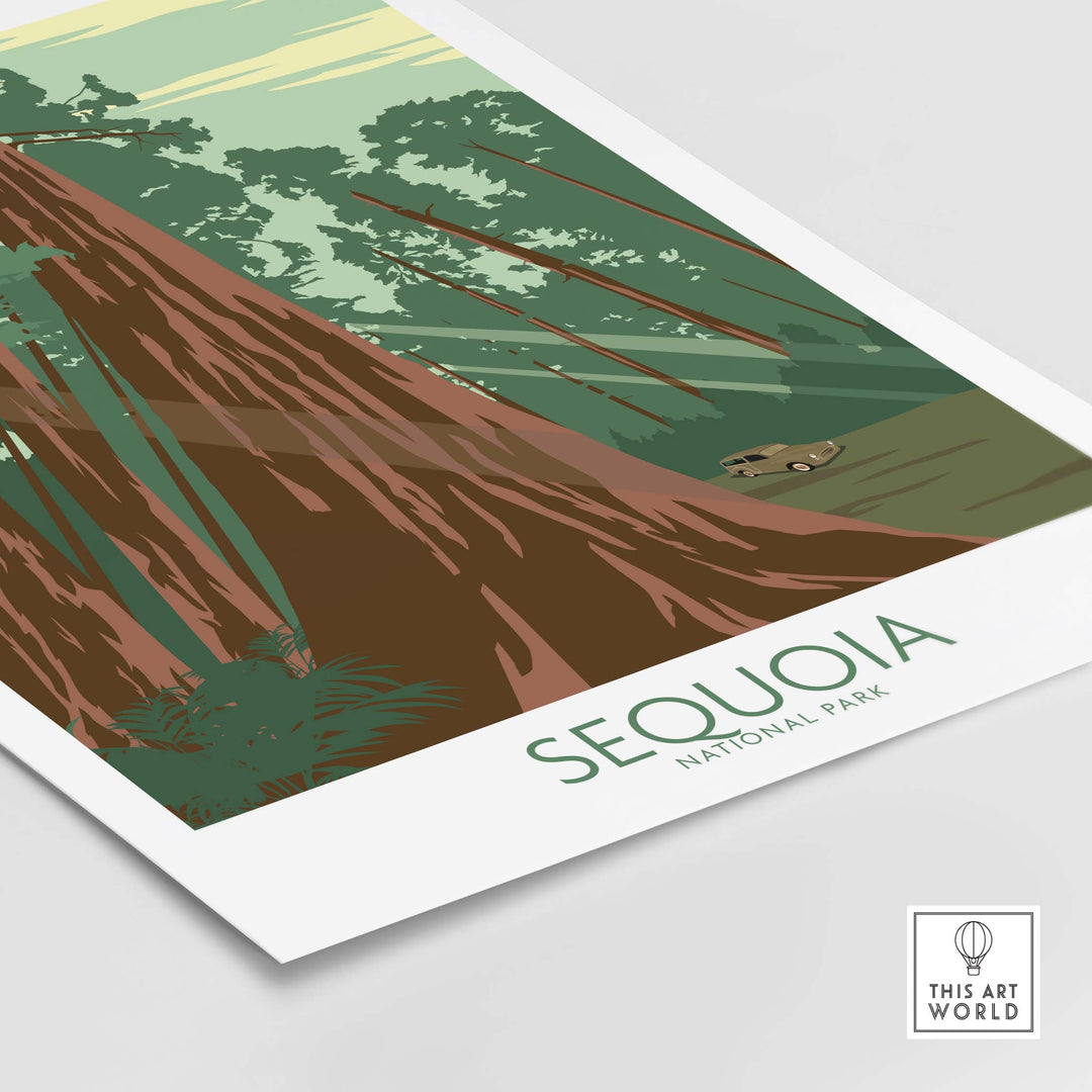 Sequoia National Park Poster Print featuring a vintage-inspired illustration of redwood trees and a classic car.