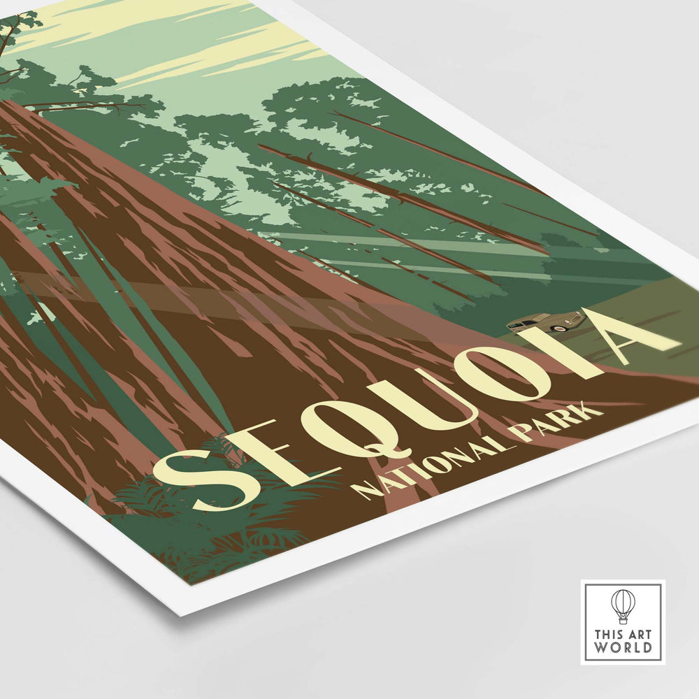 Sequoia National Park vintage art print featuring towering trees and lush greenery, perfect for nature lovers.