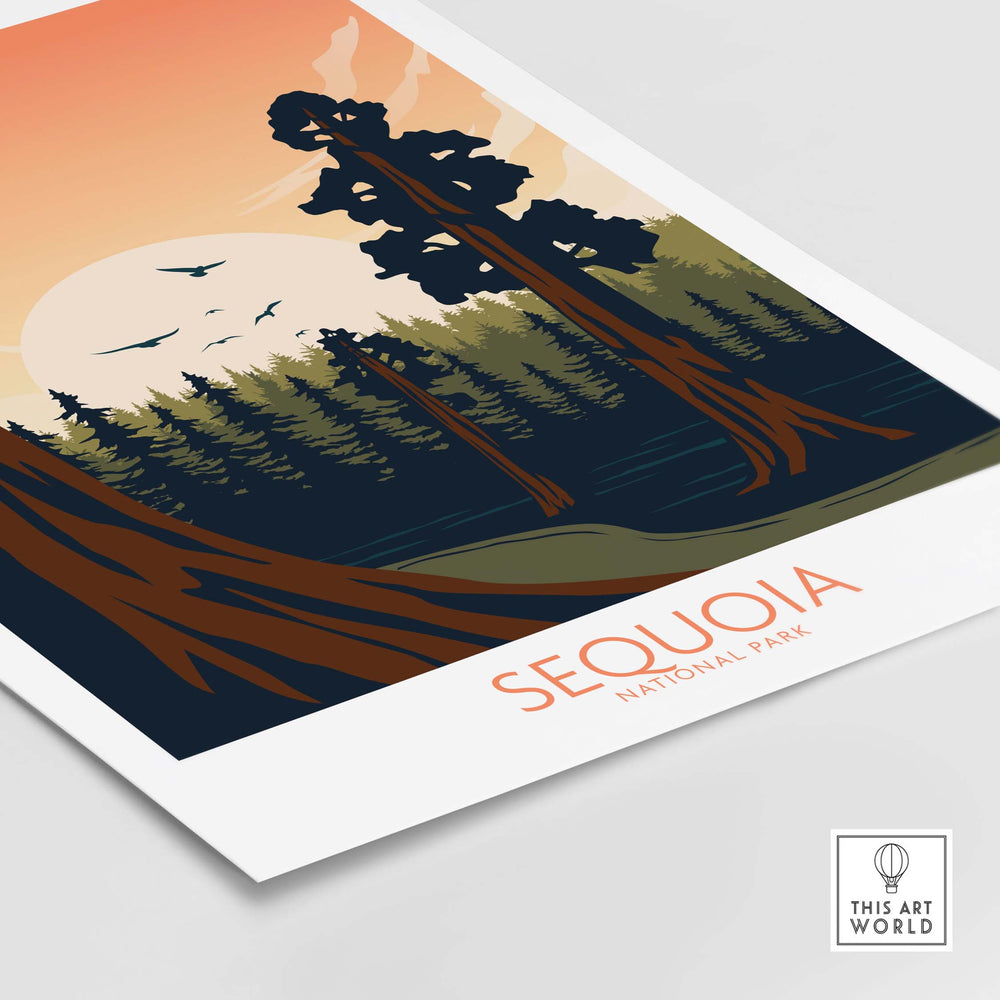 Sequoia National Park poster art print featuring minimalist design of trees and sunset, perfect for home decor.