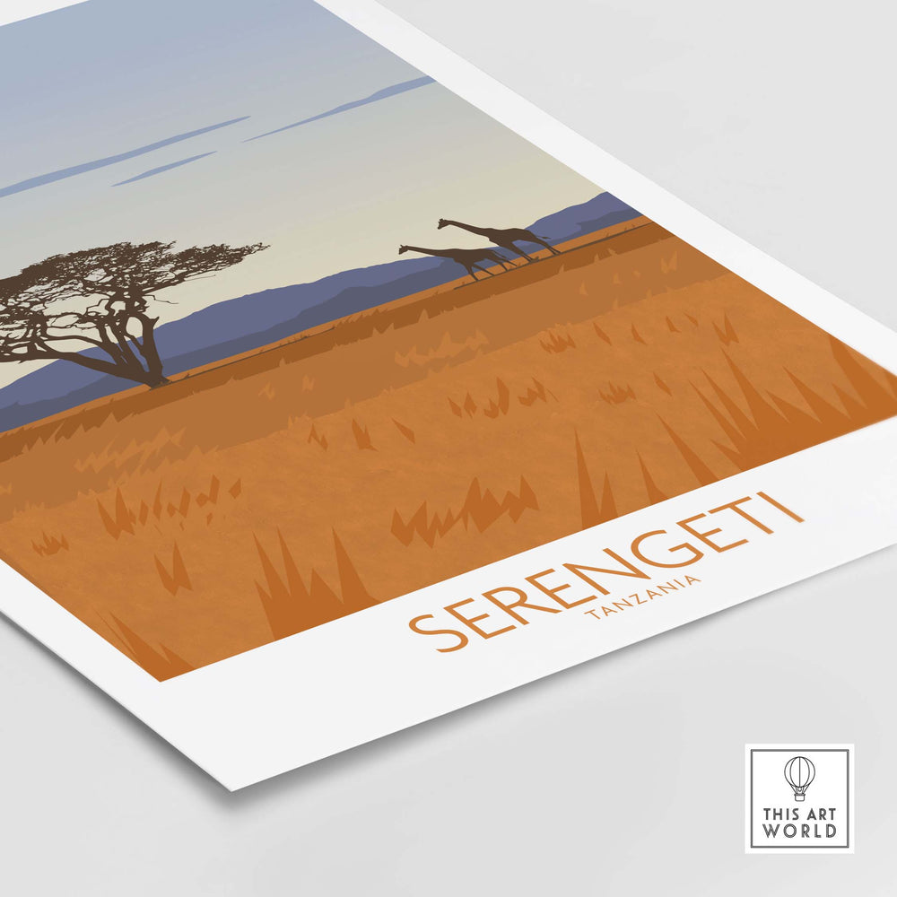 Serengeti National Park poster print featuring giraffes on golden grasslands, perfect for home or office decor.