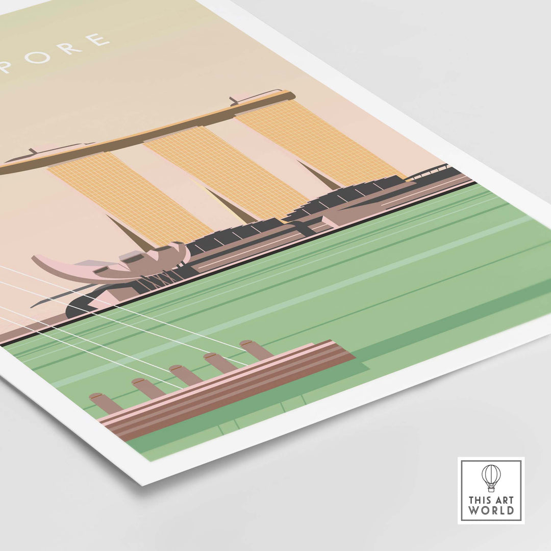 Vintage-inspired Singapore poster print featuring iconic city skyline and vibrant colors.